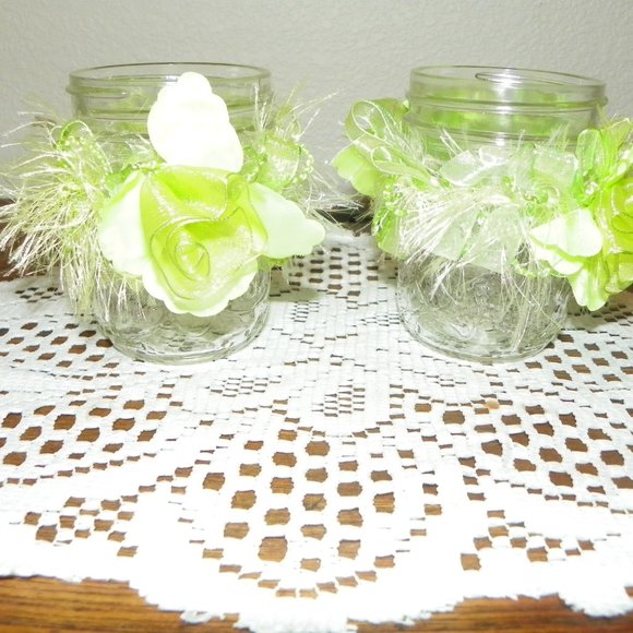 4 Wedding Party Table Decor Favor Green Glass Jar - Picture 3 of 13